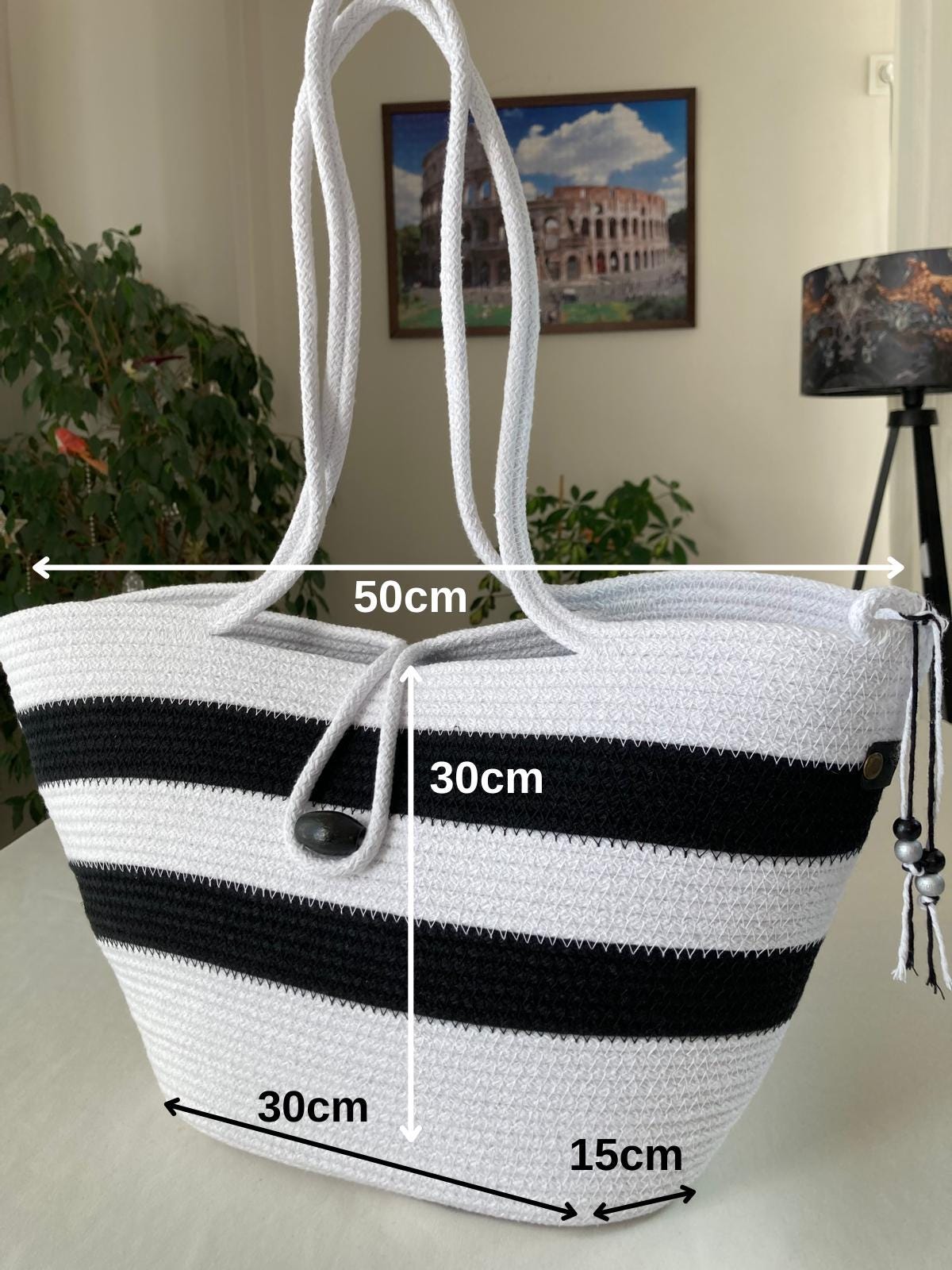 Schwarz-weißes handgewebtes Juteseil-Taschenset: geflochtene Strandtasche & Clutch