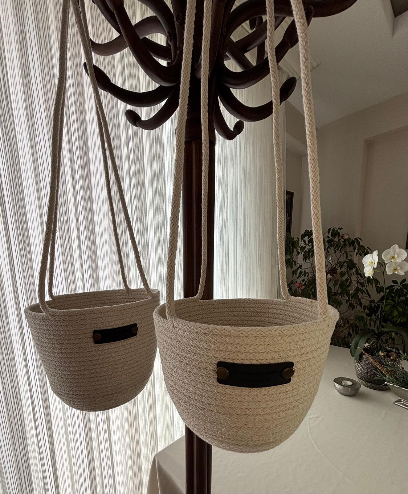 Handmade Crochet Cotton Hanging Planter Basket Set: Indoor/Outdoor Decor