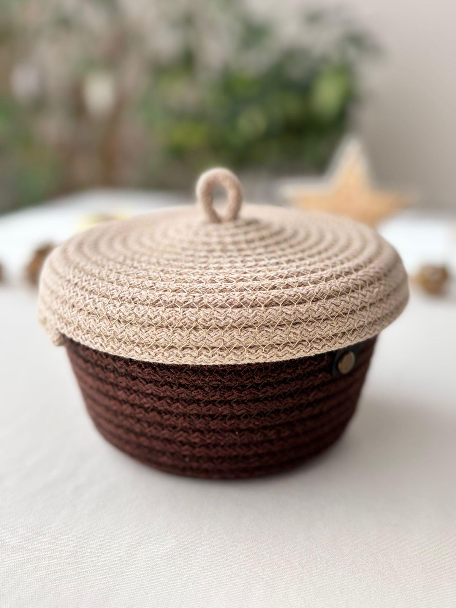 Handwoven Rope Storage Basket with Lid - Small woven Organizer, Handmade Candy Bowl