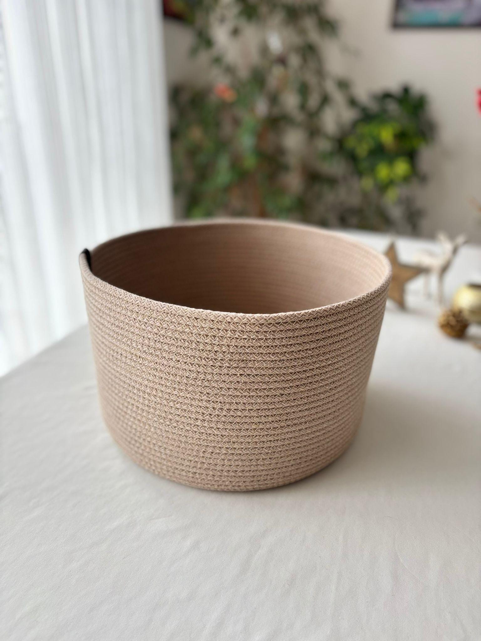 Handmade Cotton Rope Basket: Beige & White Woven Storage  Flower Pot Basket