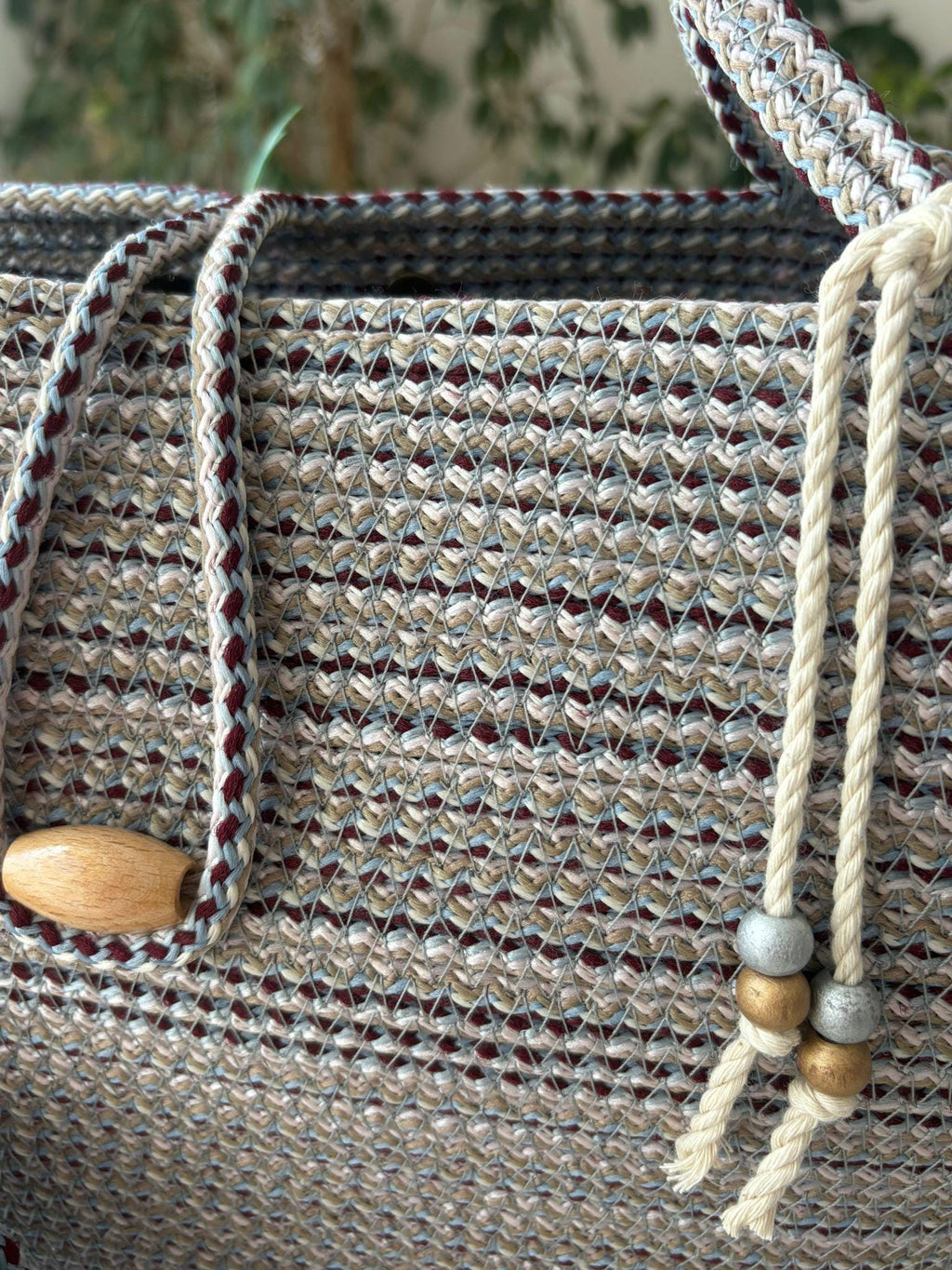 Burgundy&Blue Handwoven Jute Rope Bag: Boho Braided Shoulder Bag