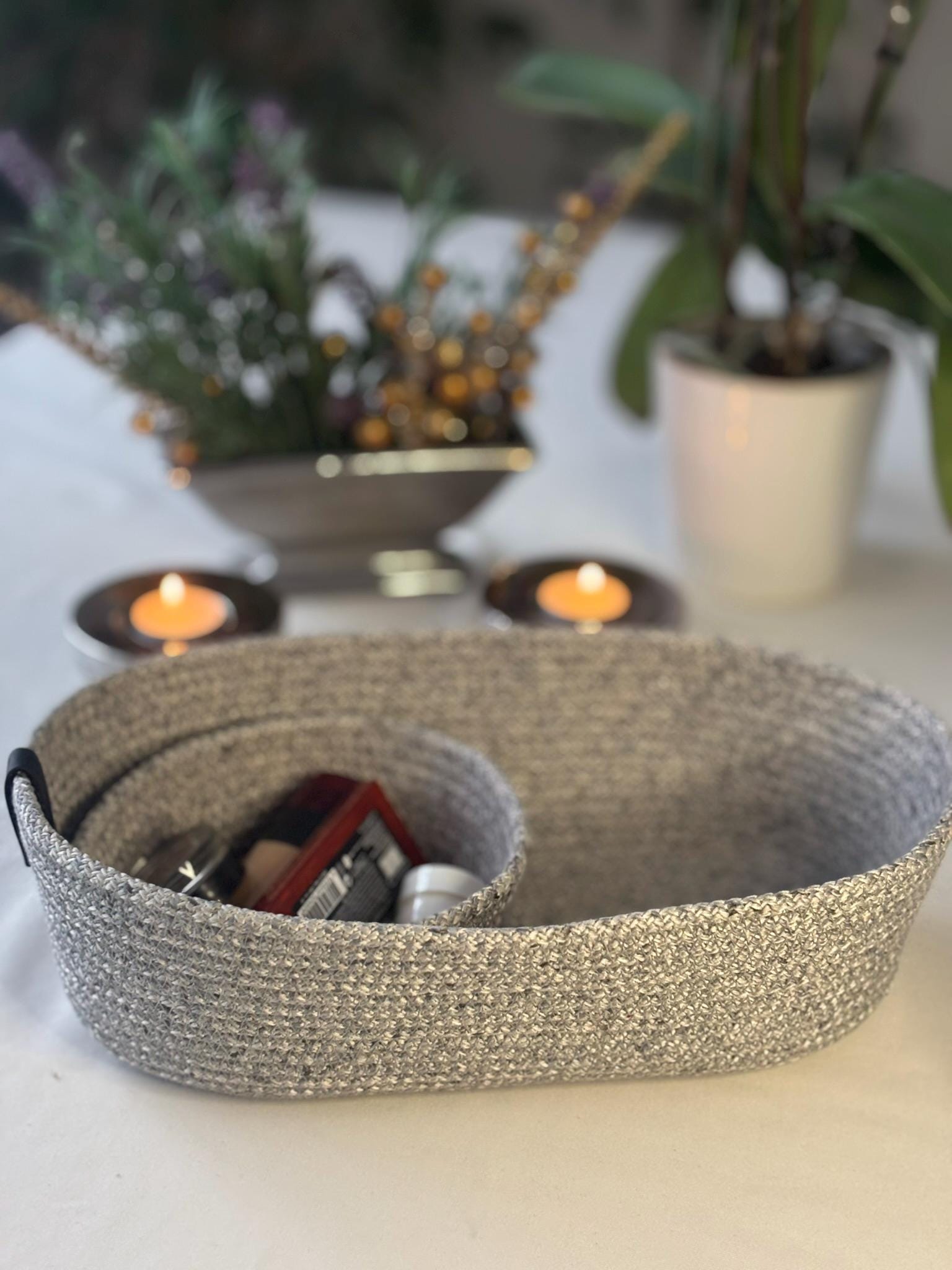 Handmade Gray Woven Make Up Basket Set: Cosmetic & Beauty Organizer
