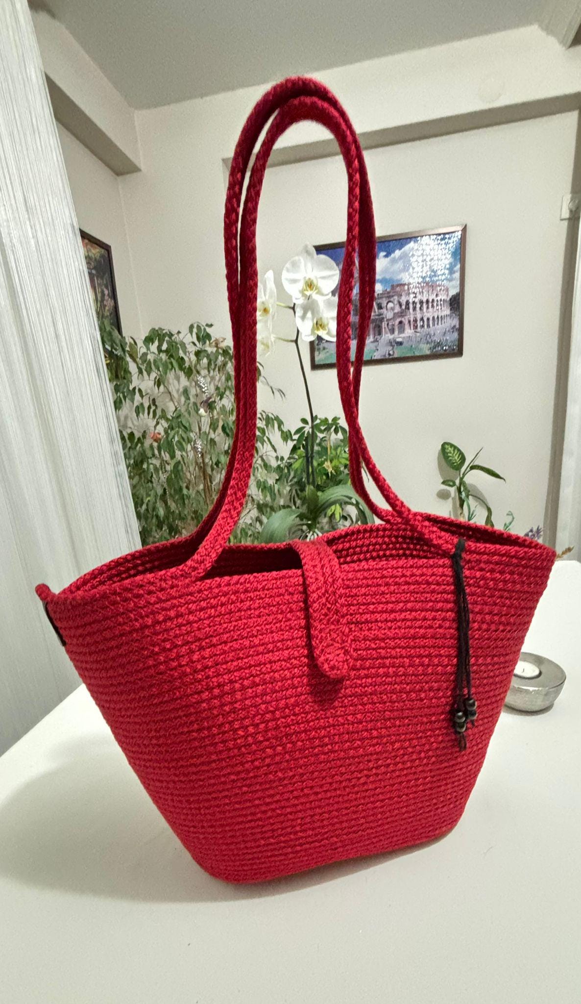 Handgewebte rote Seil-Umhängetasche: Rote Boho Strandtasche