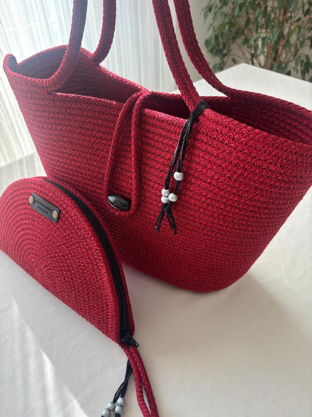 Shiny Red Handmade Jute Rope Shoulder Bag: Braided Boho Bag