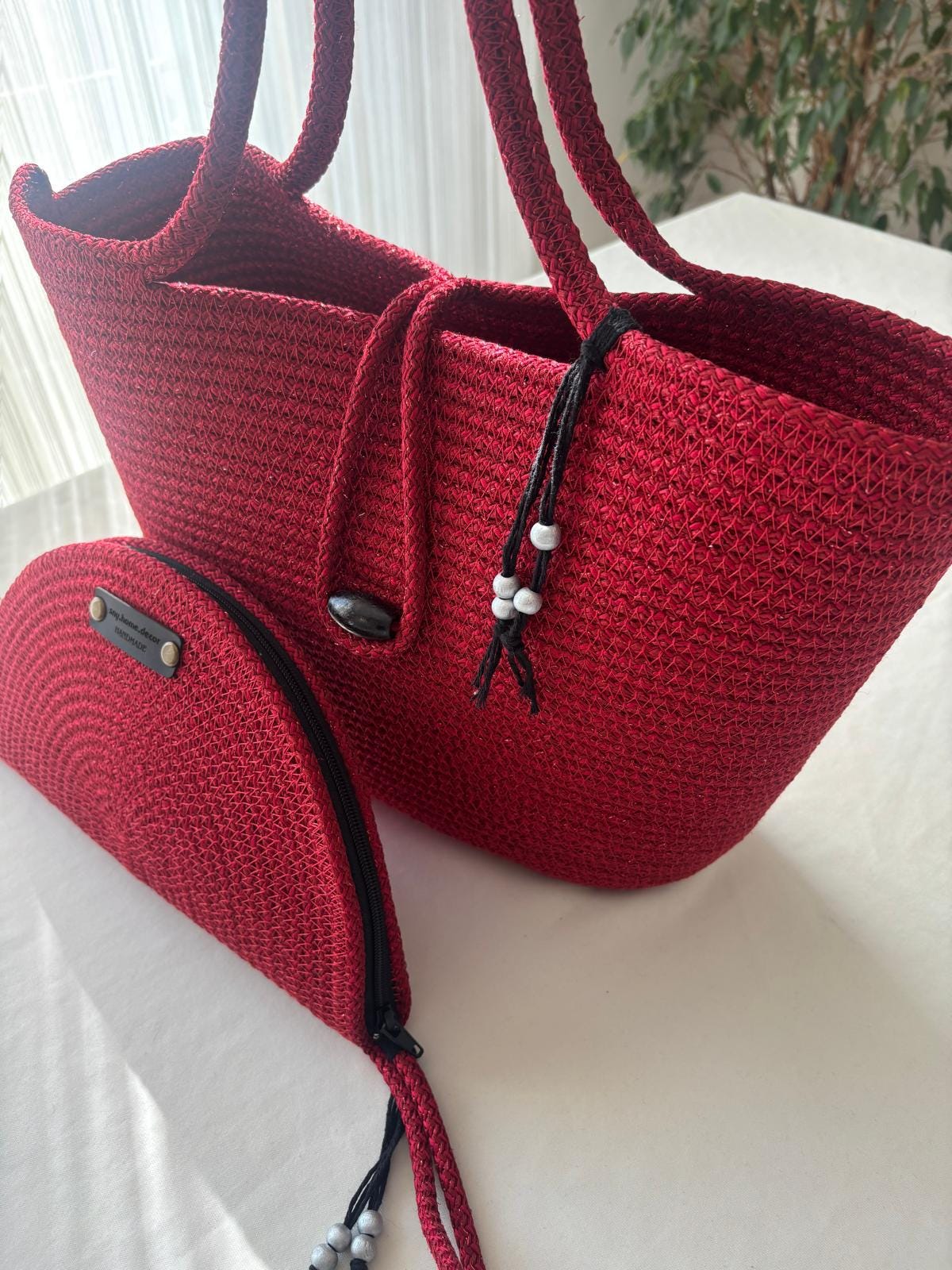 Glänzende rote handgemachte Jute-Seil Umhängetasche: Geflochtene Boho-Tasche