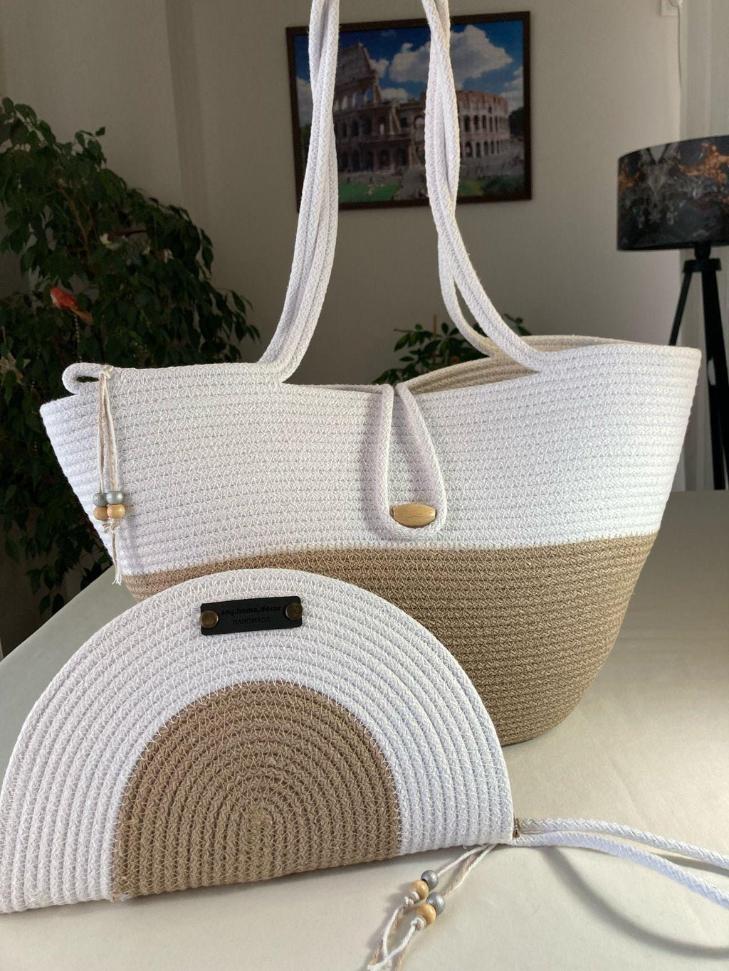 Handmade 2-piece beac bag set in beige and white with matching half-moon clutch