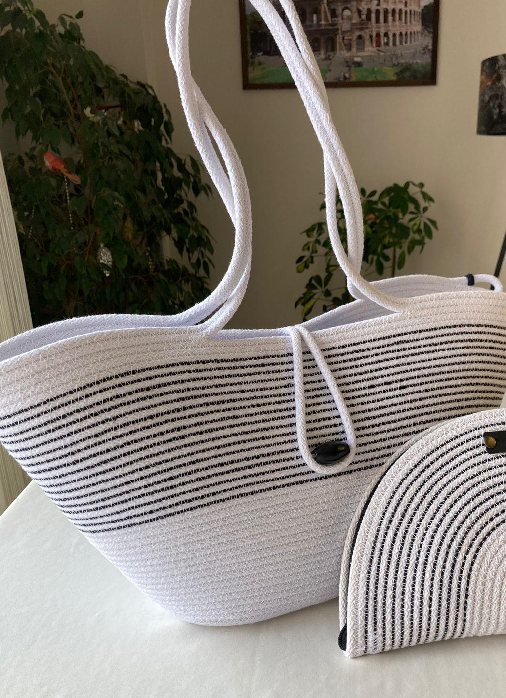 Black&White Handwoven Jute Rope Bag: Black & White Summer Beach Tote