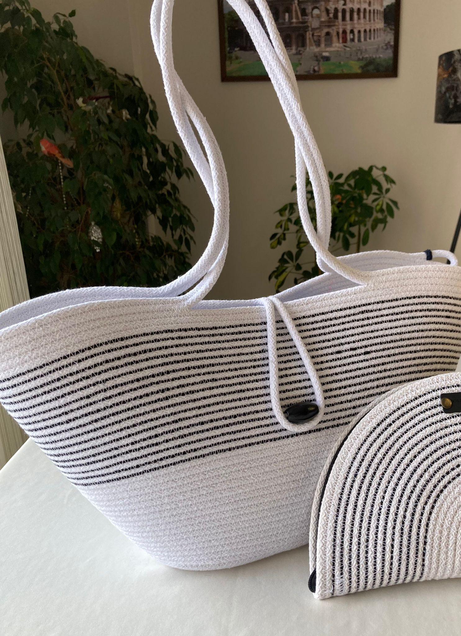 Black&White Handwoven Jute Rope Bag: Black & White Summer Beach Tote