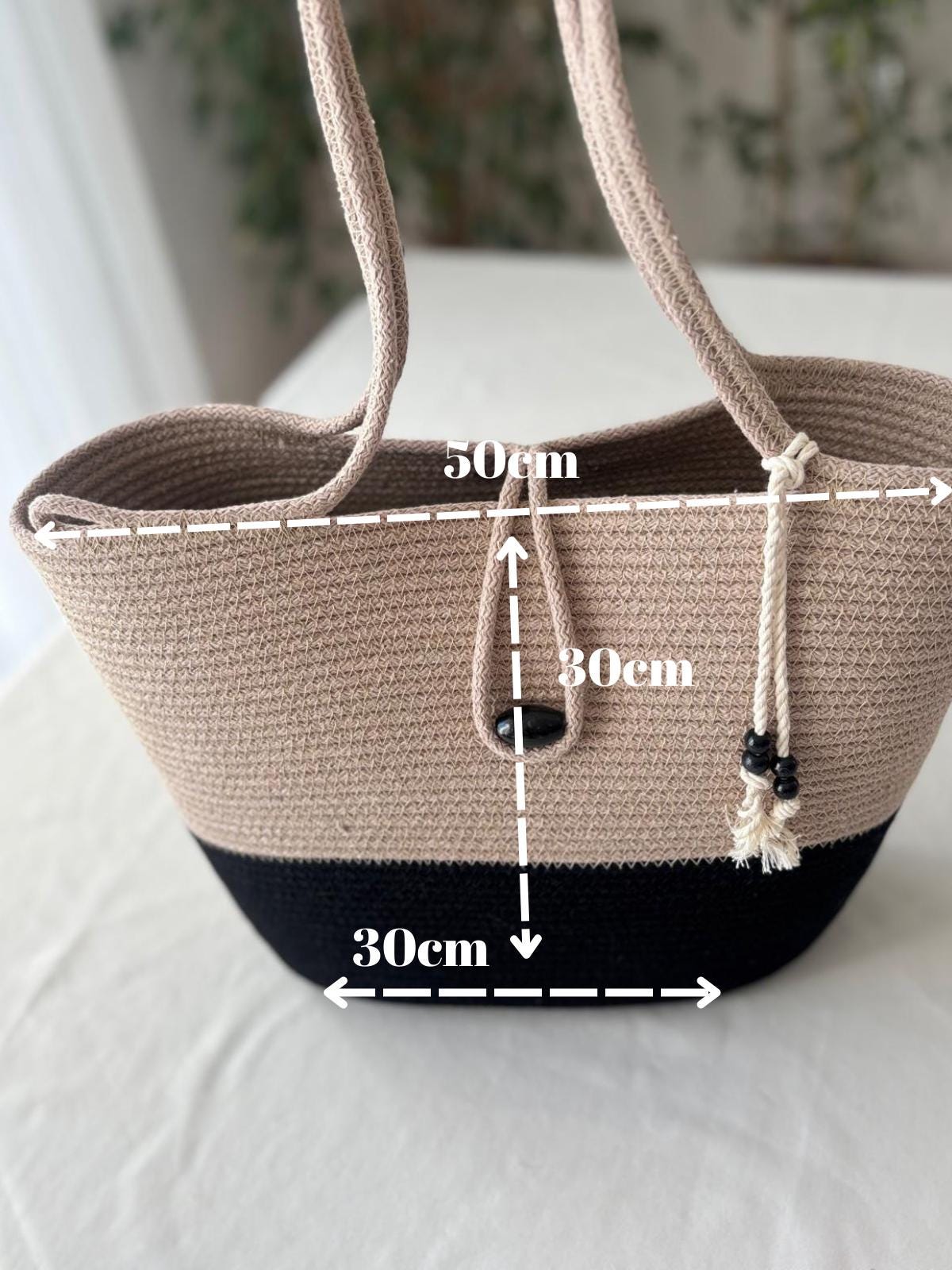 Handwoven Jute Rope Bag: Beige & Black Boho Beach Tote