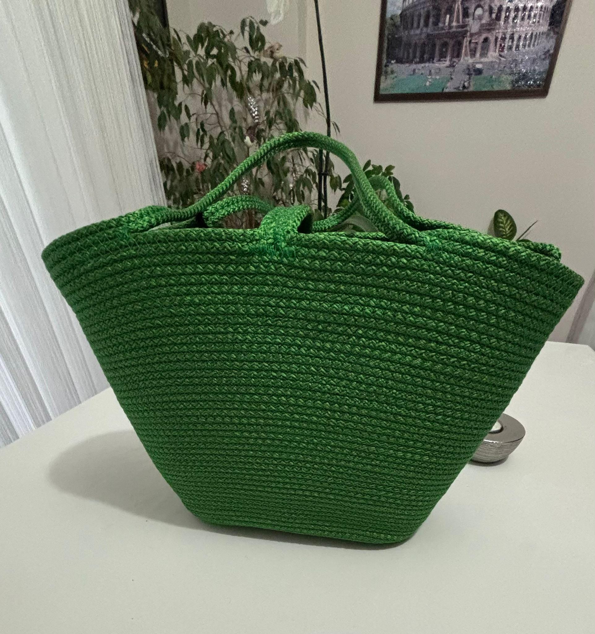 Handmade Green Jute Rope Bag: Braided Boho Beach Tote