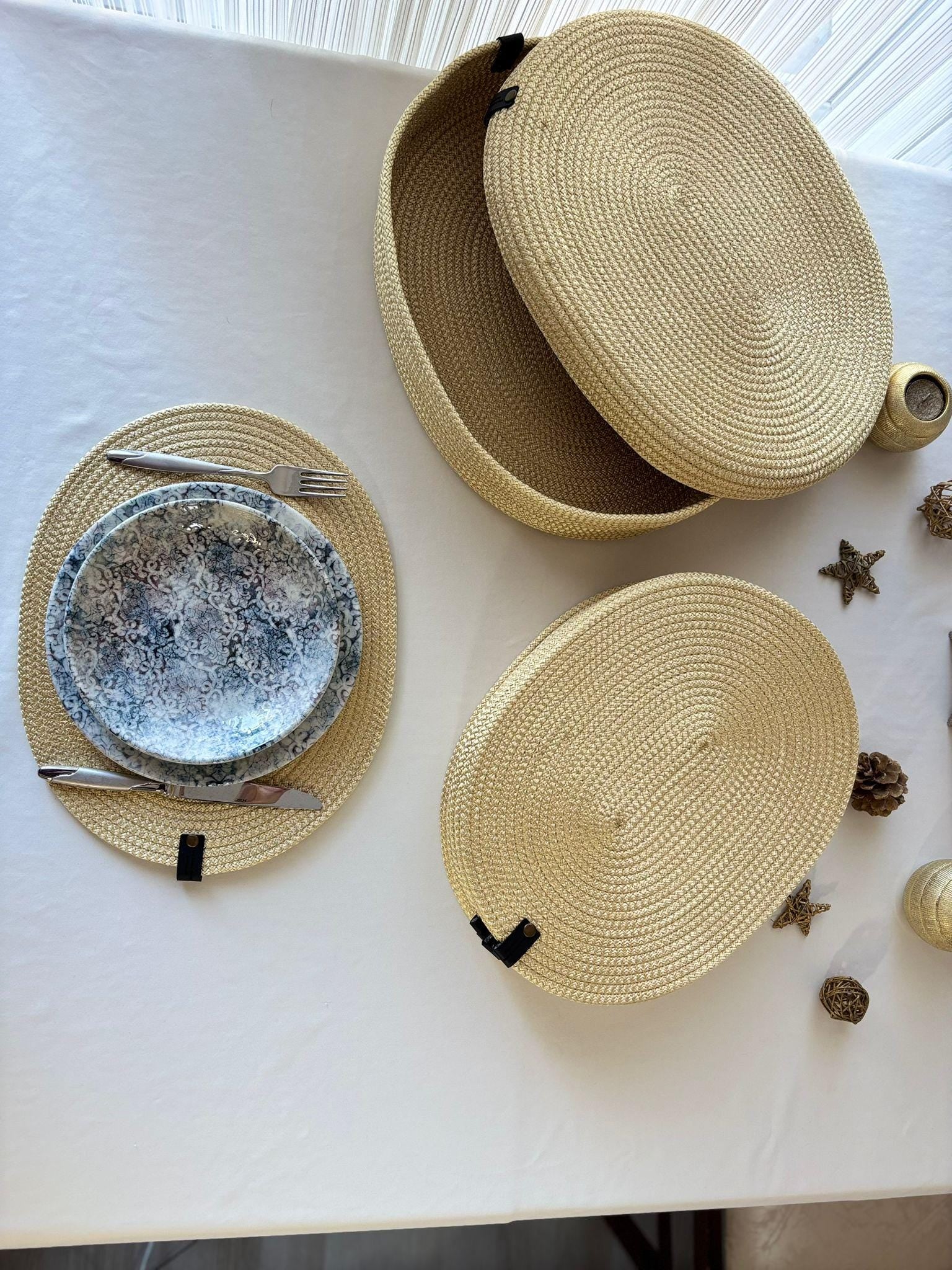 Handmade Woven Placemats & Box with lid Set: Boho Table Decor