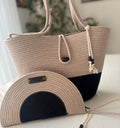 Handmade 2-piece beac bag set in beige and black with matching half-moon clutch