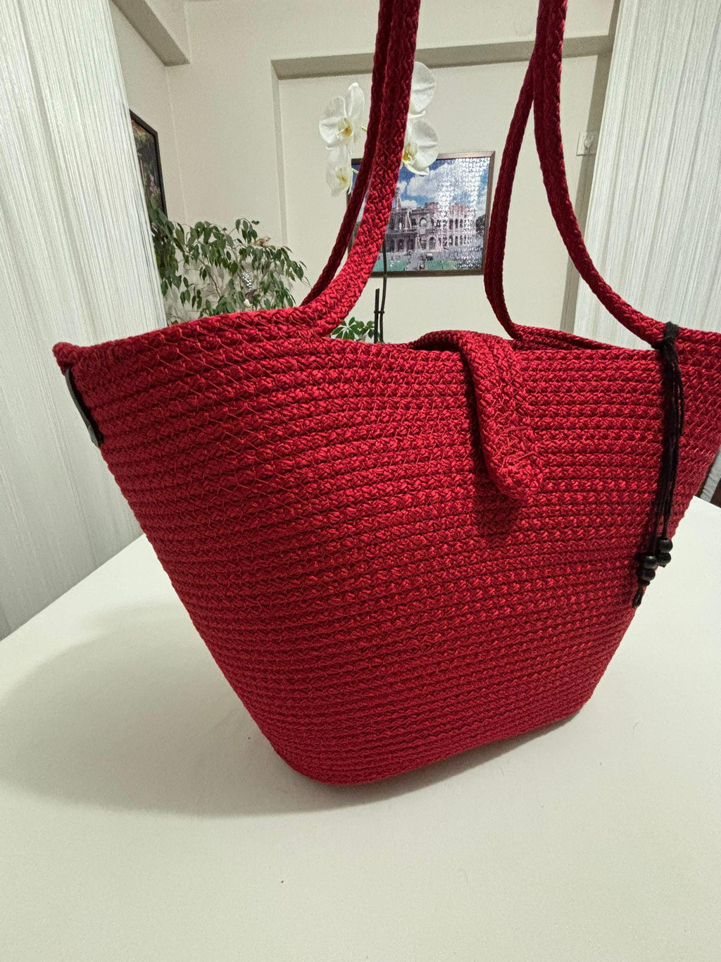 Handgewebte rote Seil-Umhängetasche: Rote Boho Strandtasche