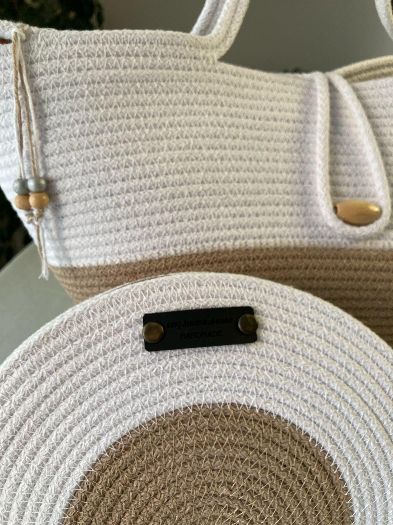 Beige-weiße handgewebte Juteseiltasche: Beige-weißes Baumwollfutter