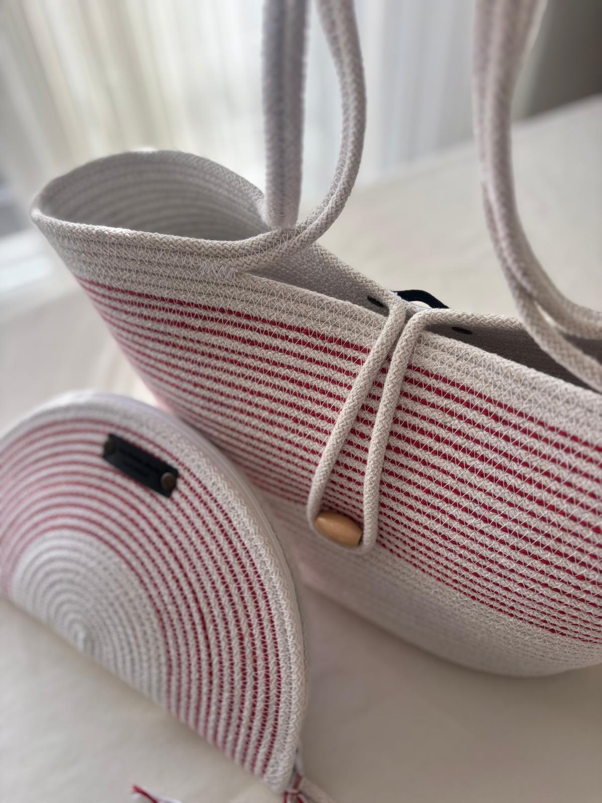 Rot & Weiß Handgewebte Jute Seiltasche: Sommer Strandtasche
