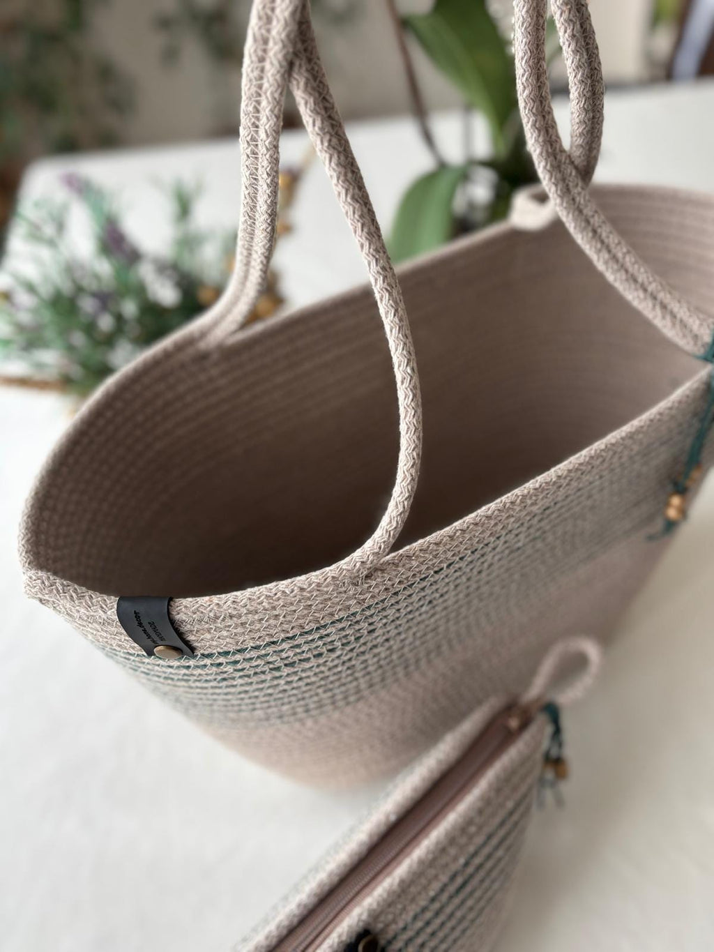 Beige&Grün Handgefertigte geflochtene Jutetasche und Beutel-Set: Beige Clutch & Strandtasche