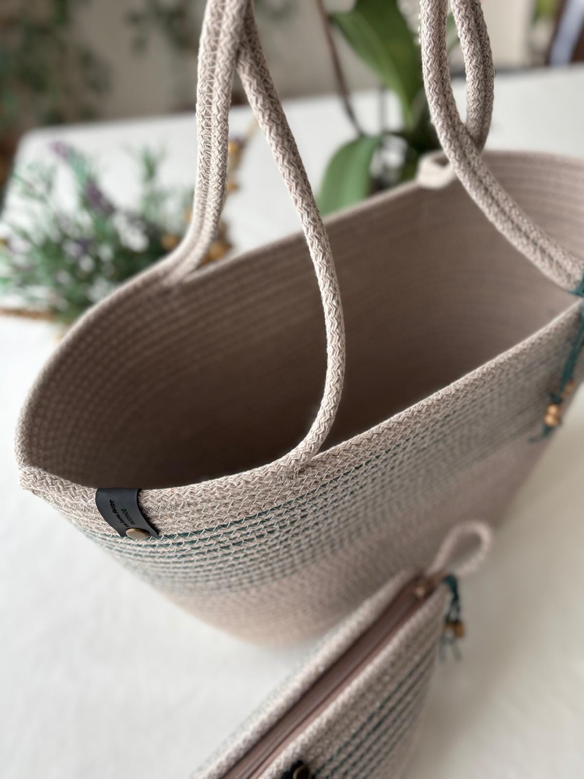 Beige&Grün Handgefertigte geflochtene Jutetasche und Beutel-Set: Beige Clutch & Strandtasche