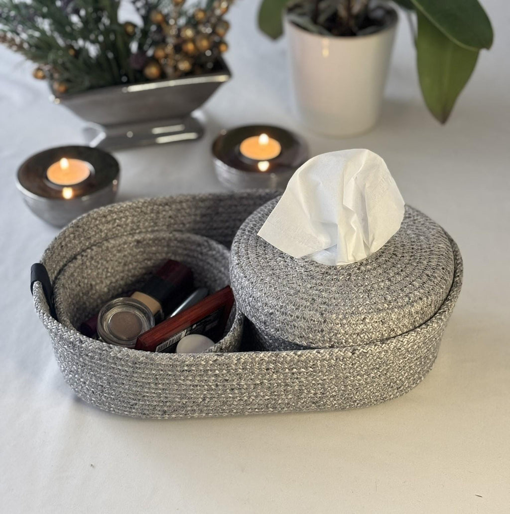 Handmade Gray Woven Make Up Basket Set: Cosmetic & Beauty Organizer