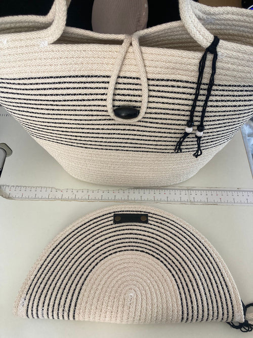 Black&White Handwoven Jute Rope Bag: Black & White Summer Beach Tote