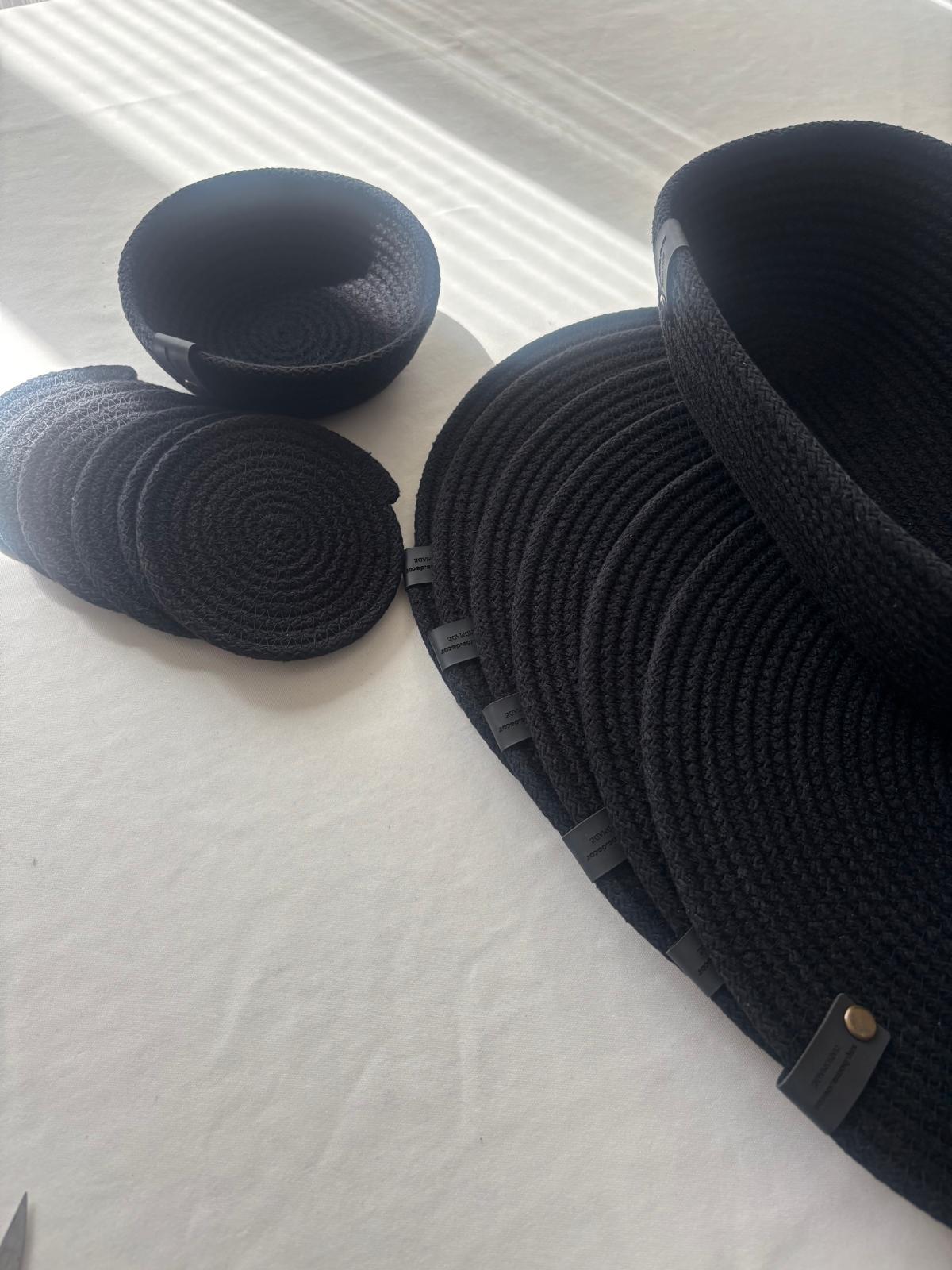 Black Cotton Rope Placemat Set: Dining Table Decor with Coasters & Bread Basket