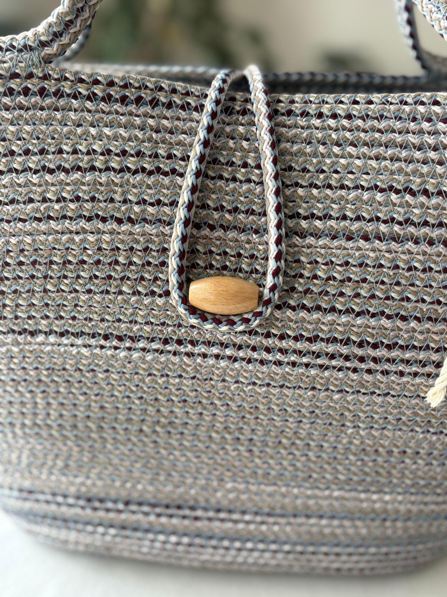 Burgundy&Blue Handwoven Jute Rope Bag: Boho Braided Shoulder Bag