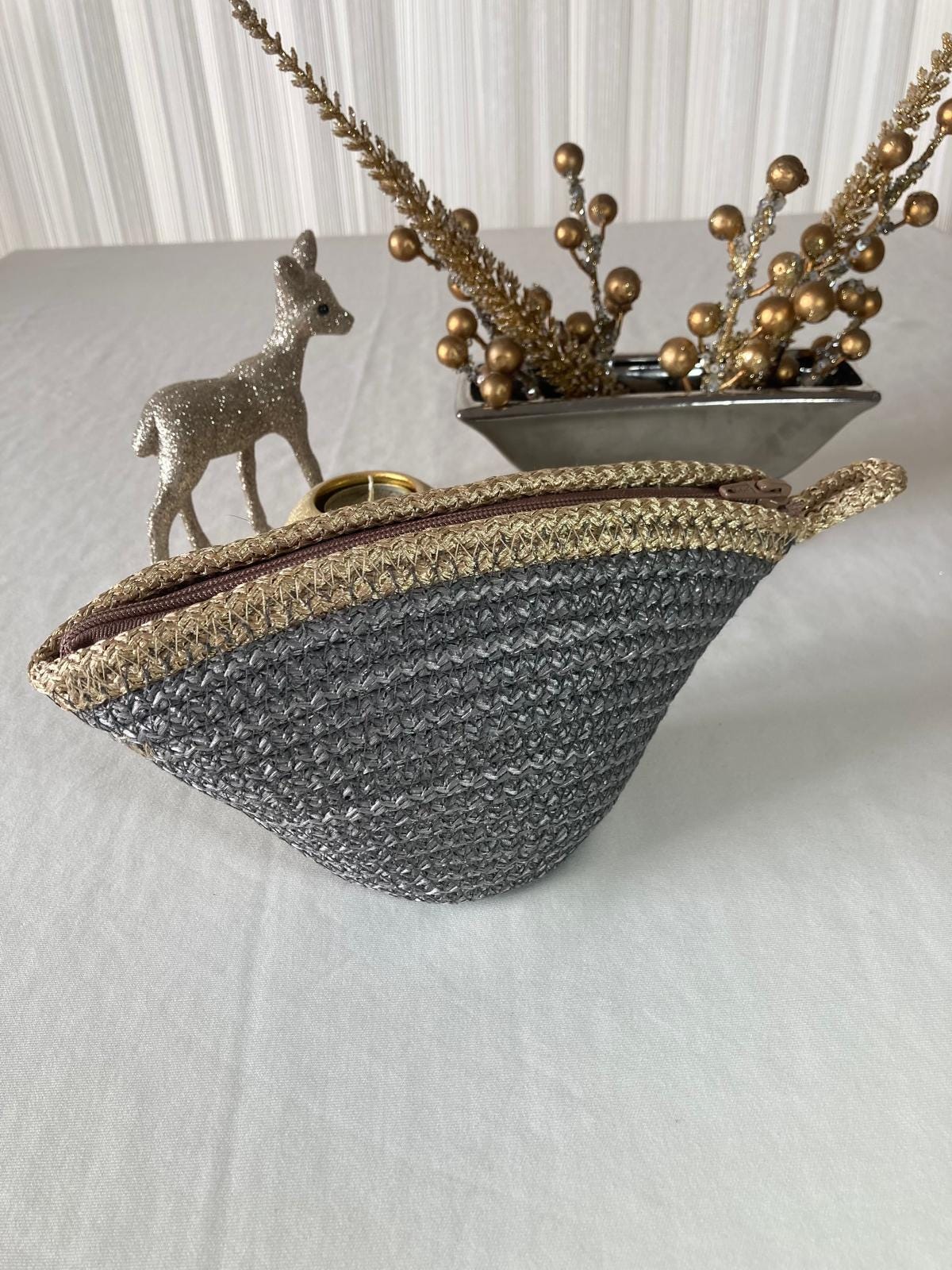Handwoven Straw Makeup Bag: Boho Cosmetic Zipper Pouch