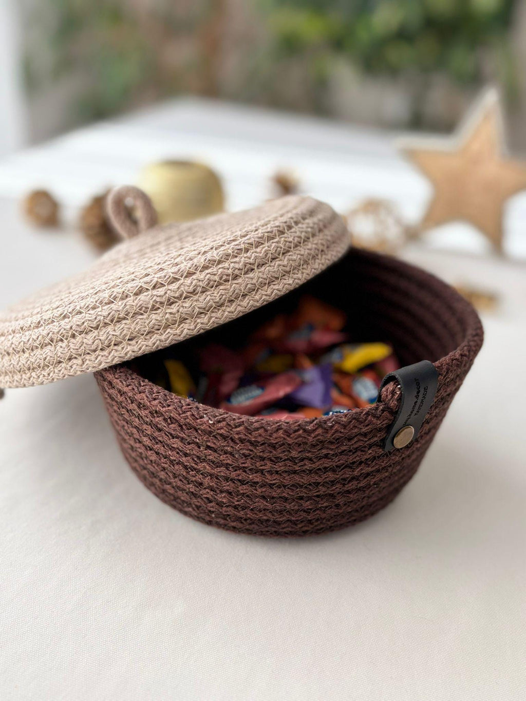 Handwoven Rope Storage Basket with Lid - Small woven Organizer, Handmade Candy Bowl
