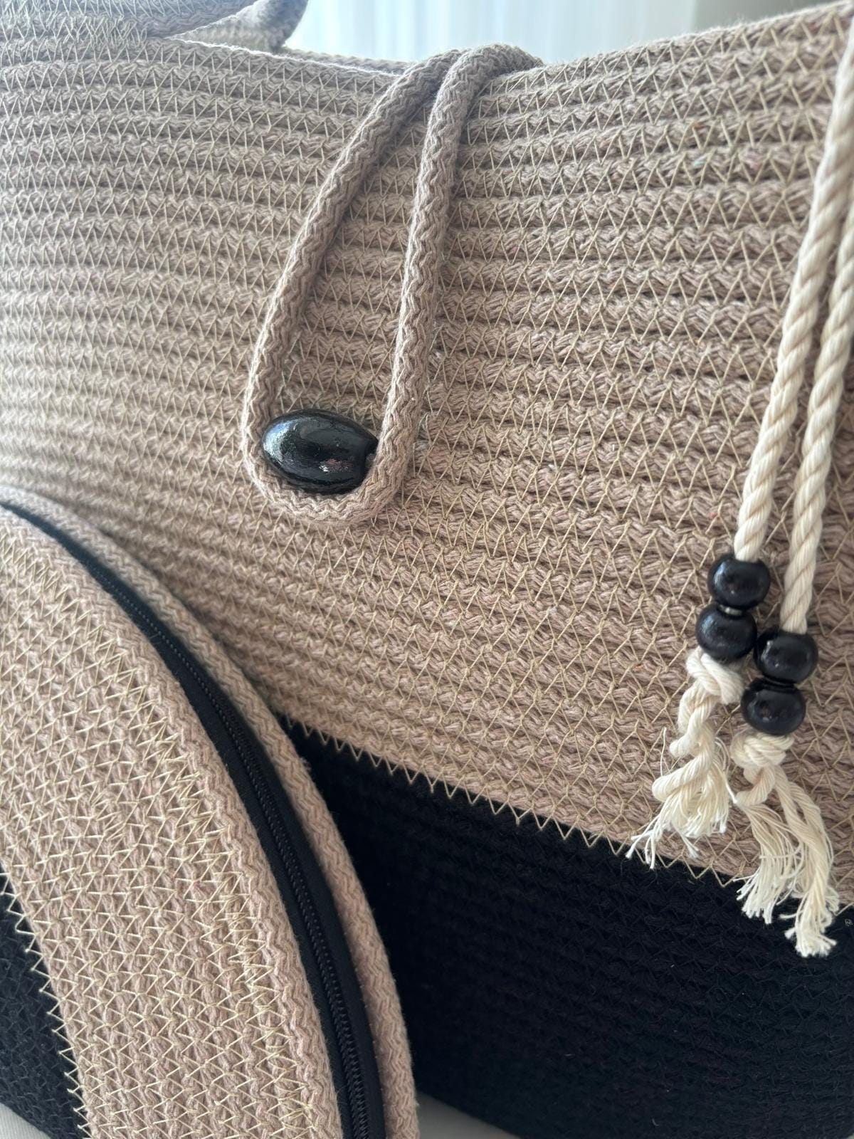 Handwoven Jute Rope Bag: Beige & Black Boho Beach Tote