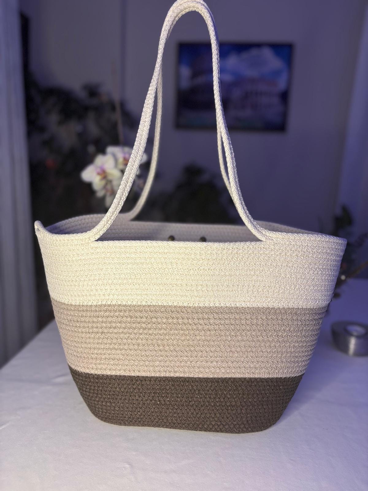 Three Tone Handwoven Jute Rope Shoulder Bag: Cotton Lining