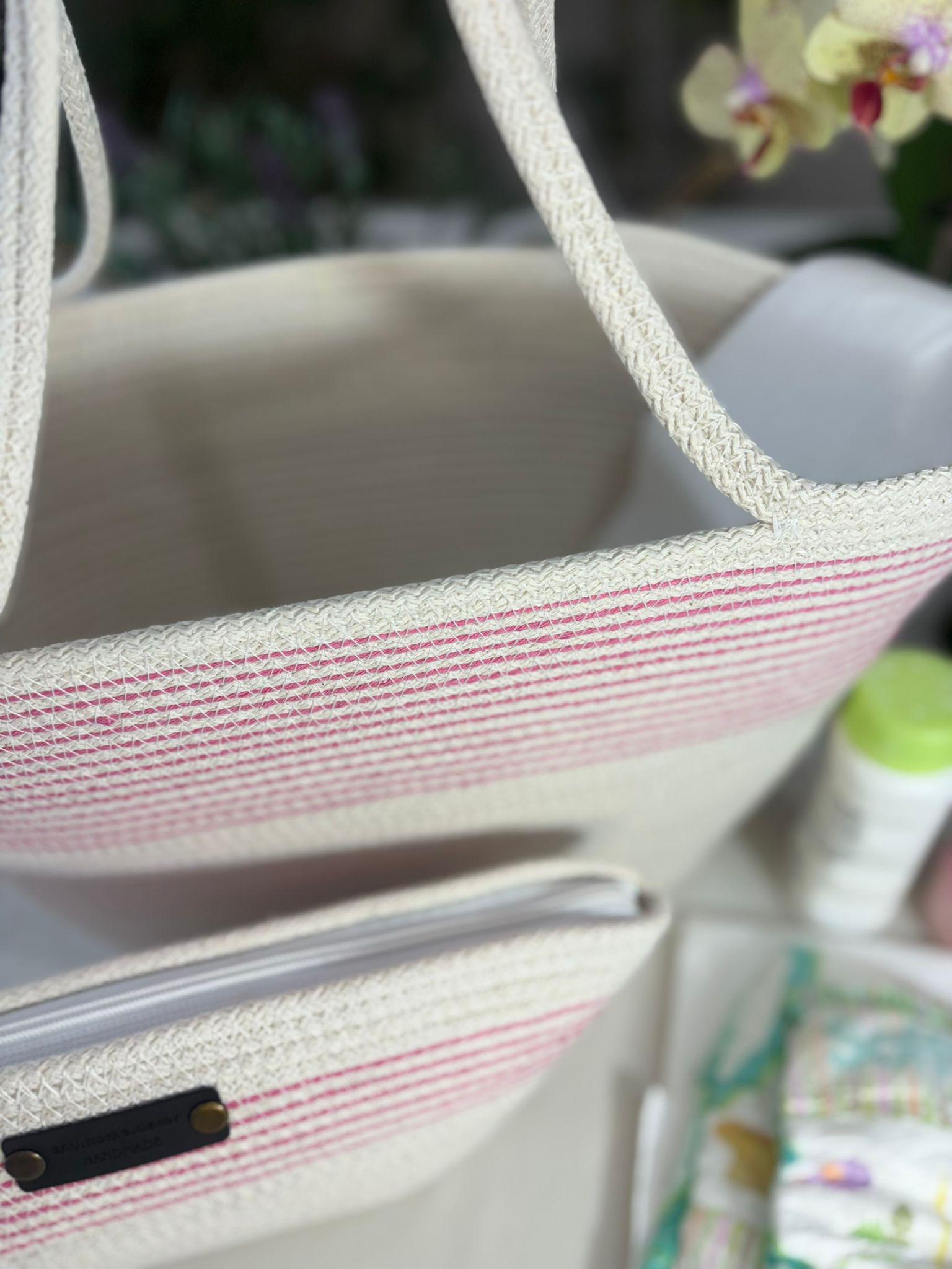 Pink & White handgefertigte Juteseil-Handtasche: Geflochtene Boho Strandtasche