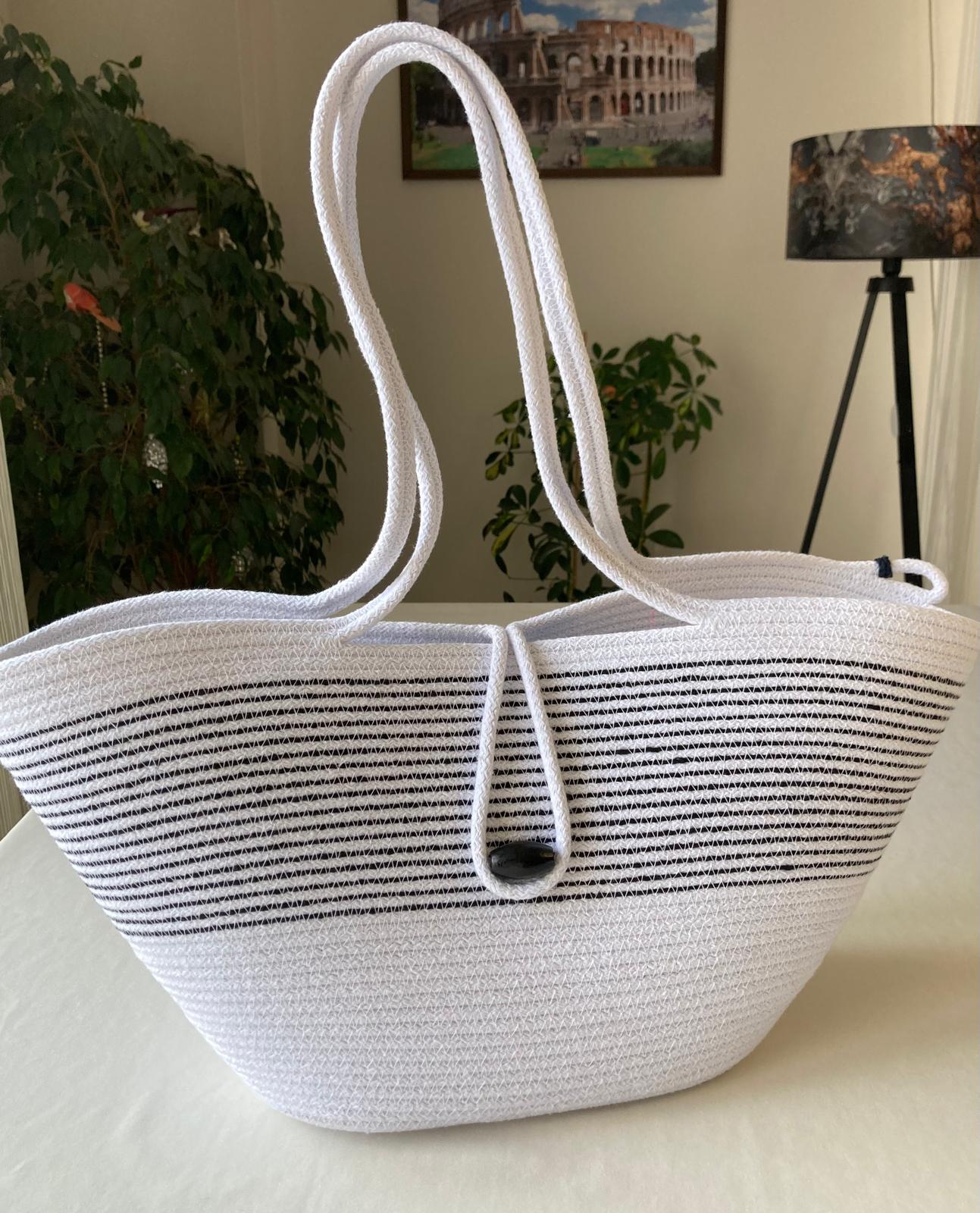 Black & White Handwoven Jute Rope Bag: Black & White Summer Beach Tote