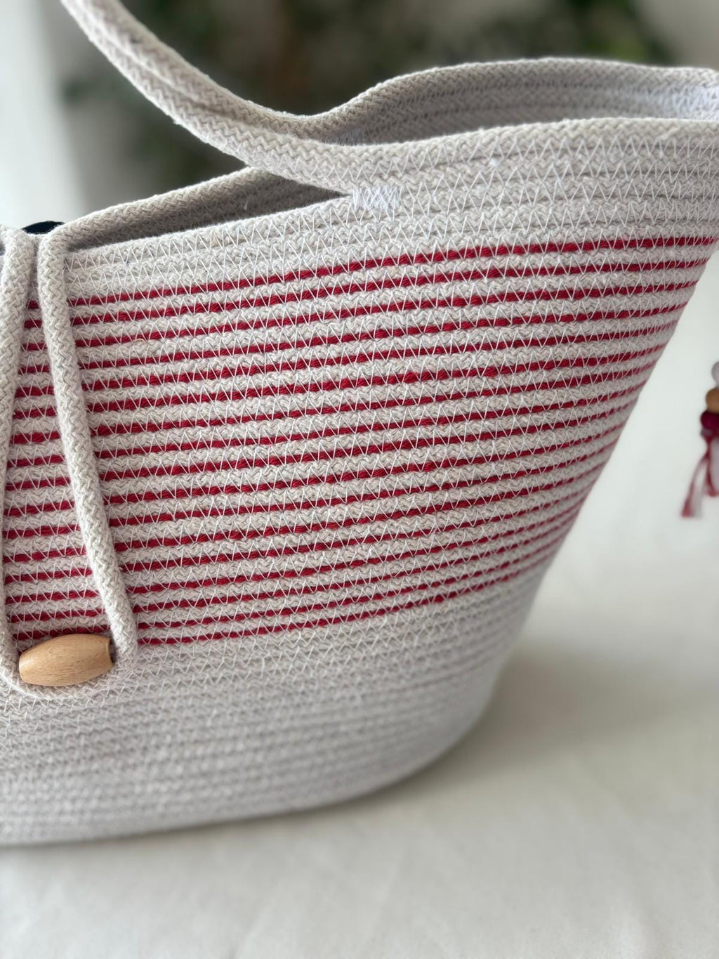 Red & White Handwoven Jute Rope Bag:  Summer Beach Tote