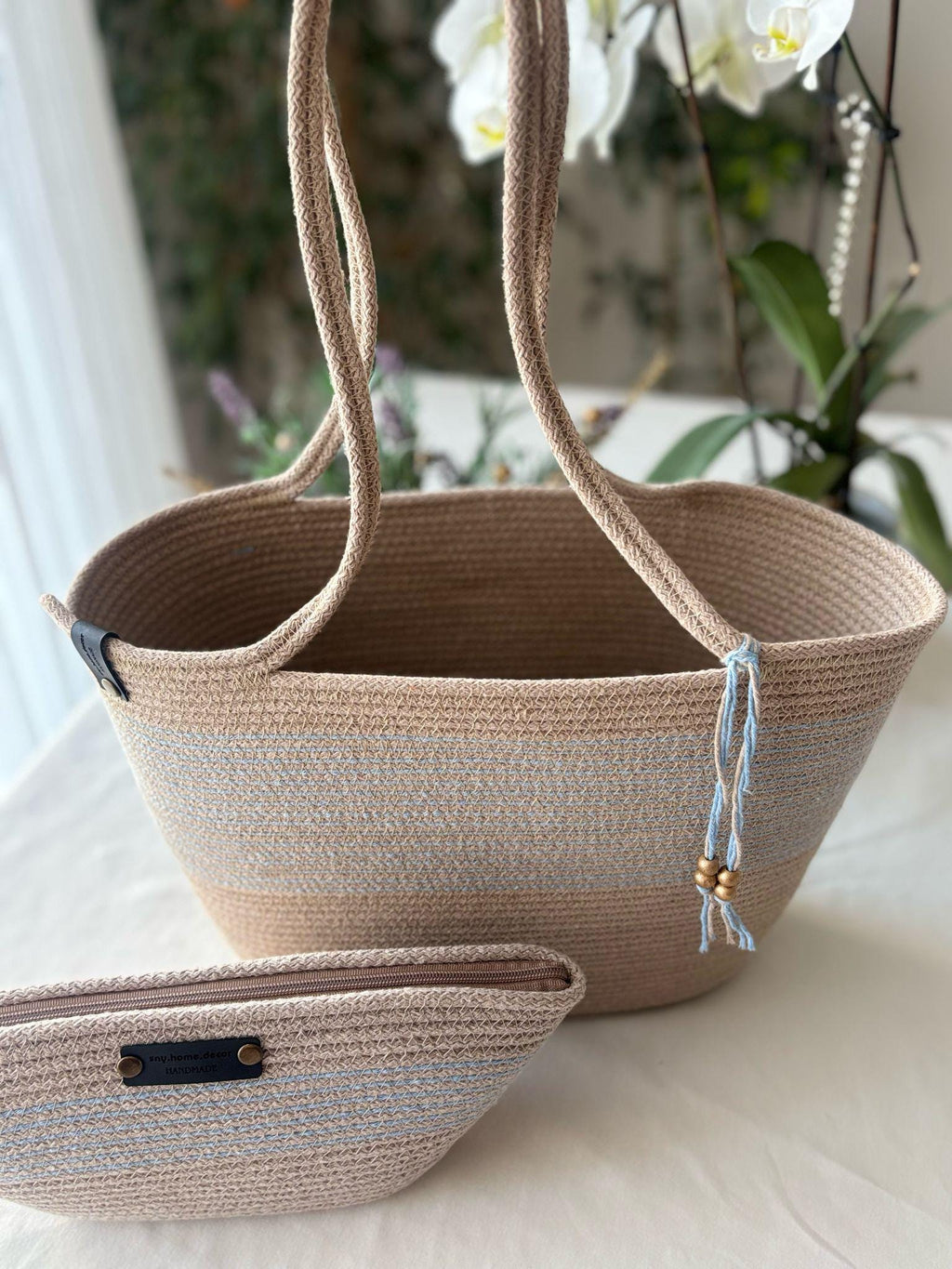 Handmade 2-piece beac bag set in beige and blue with matching half-moon clutch