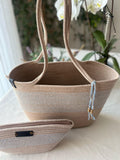 Handmade 2-piece beac bag set in beige and blue with matching half-moon clutch