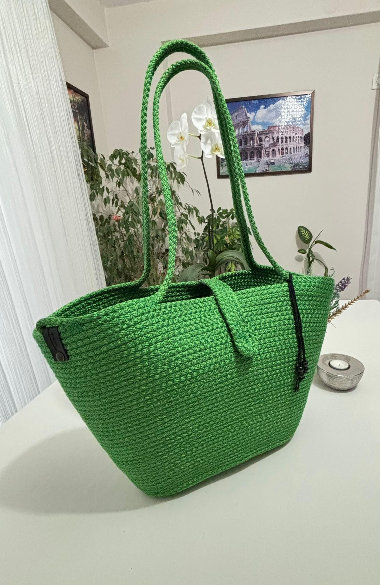 Handmade Green Jute Rope Bag: Braided Boho Beach Tote