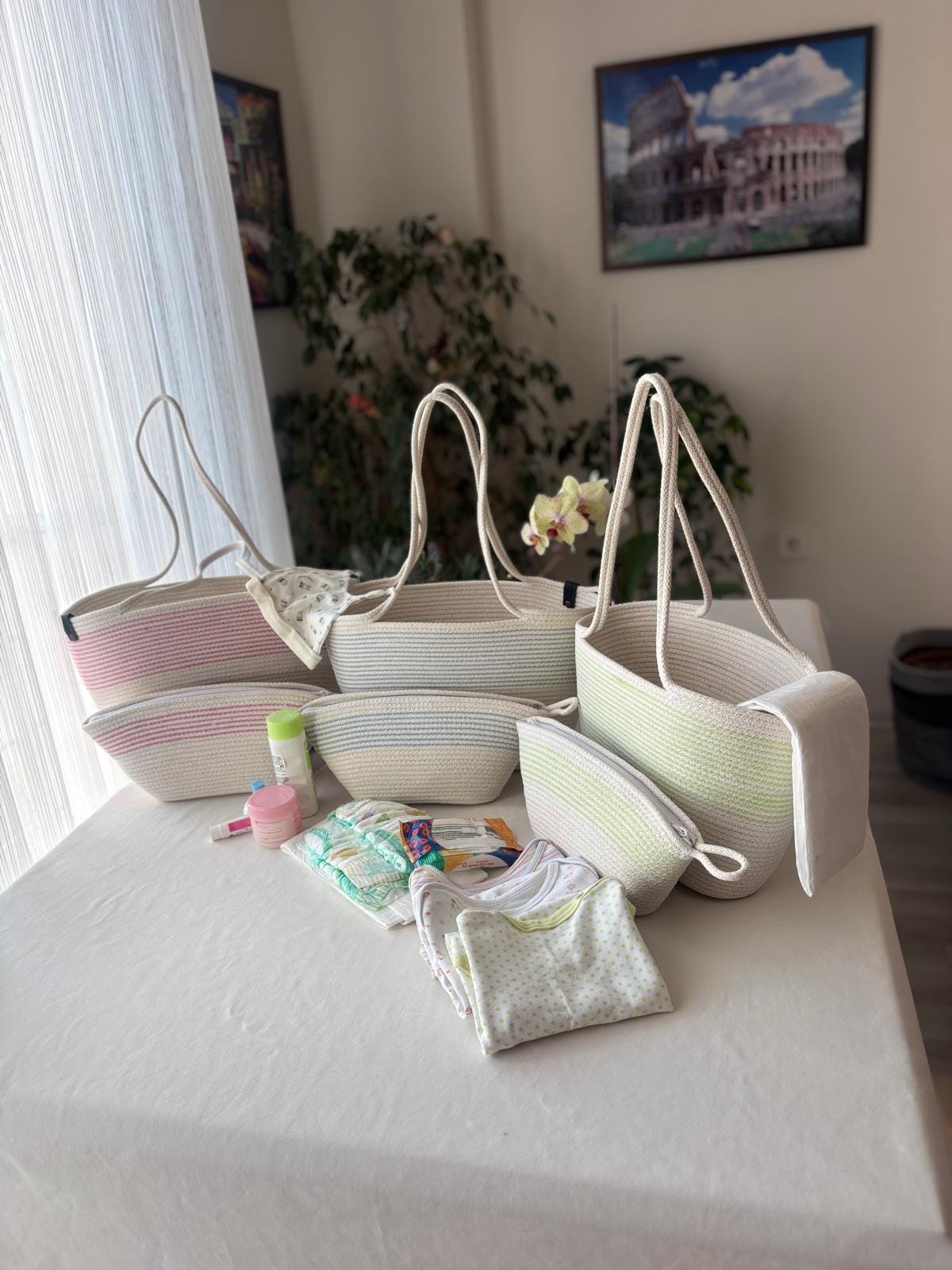 Grüne & weiße handgemachte Juteseil-Umhängetasche: Boho-Tasche