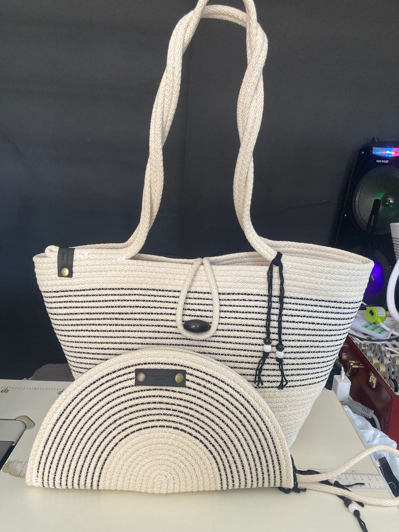 Black&White Handwoven Jute Rope Bag: Black & White Summer Beach Tote