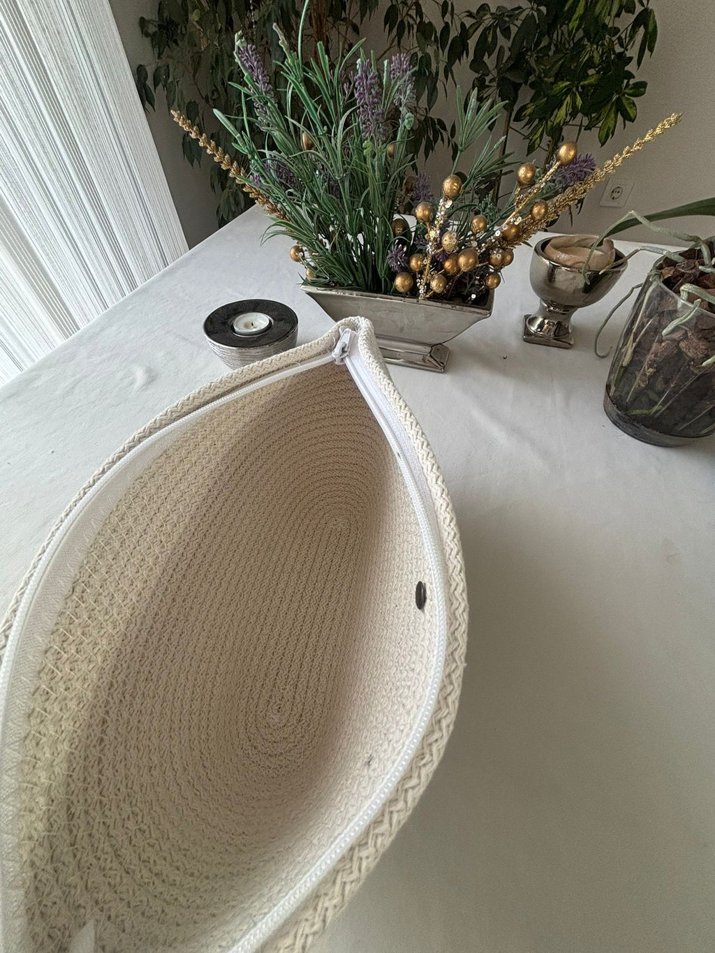 Grüne & weiße handgemachte Juteseil-Umhängetasche: Boho-Tasche