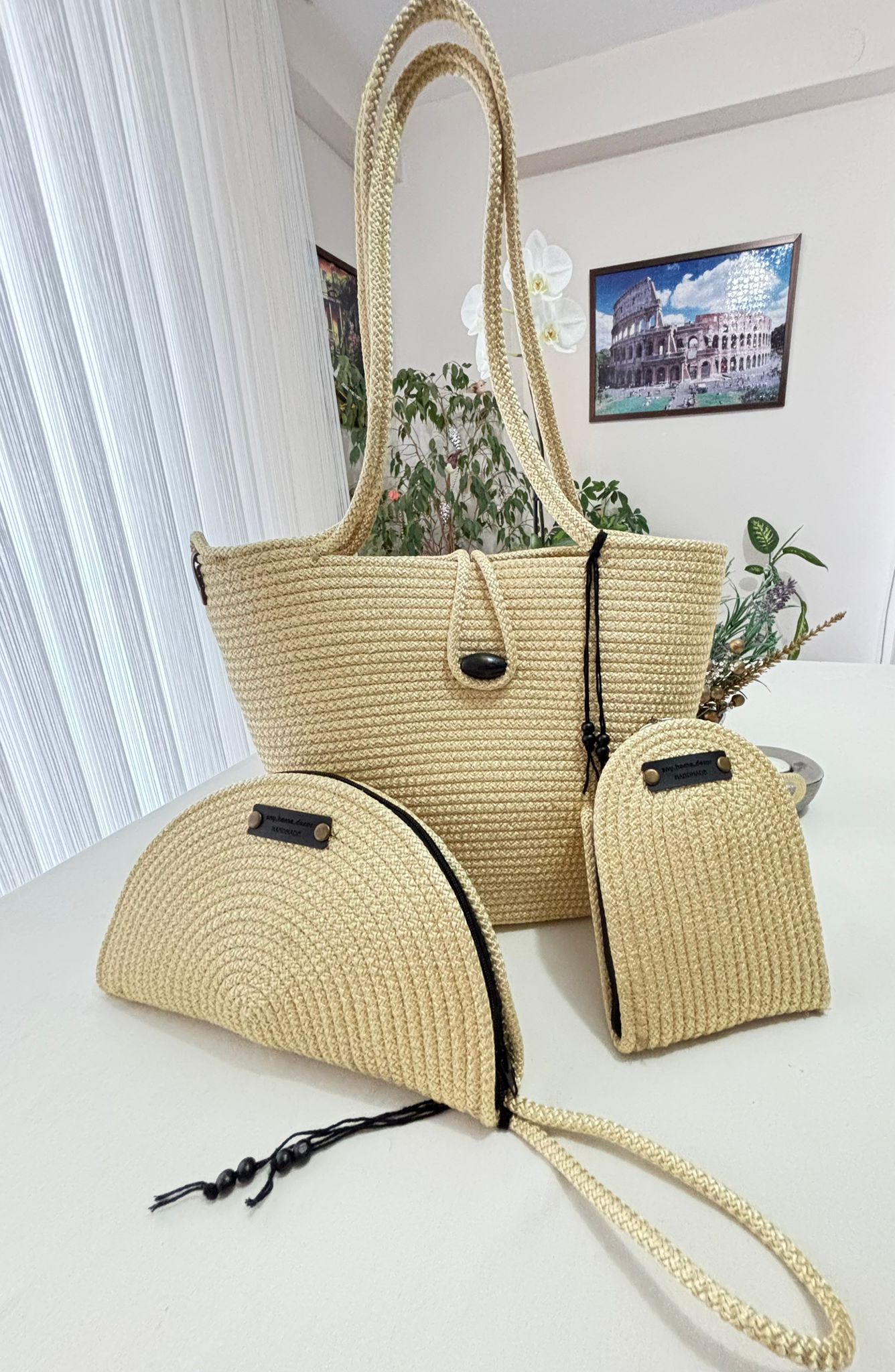 Woven Straw Bag Set, 3 Piece Tote, Clutch & Phone Crossbody Bag