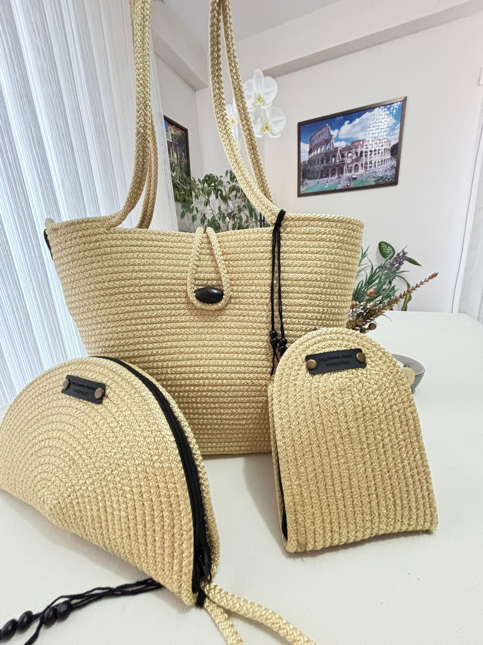 Woven Straw Bag Set, 3 Piece Tote, Clutch & Phone Crossbody Bag