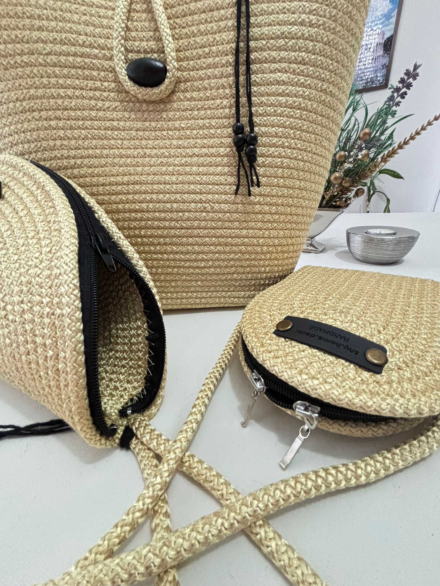 Woven Straw Bag Set, 3 Piece Tote, Clutch & Phone Crossbody Bag