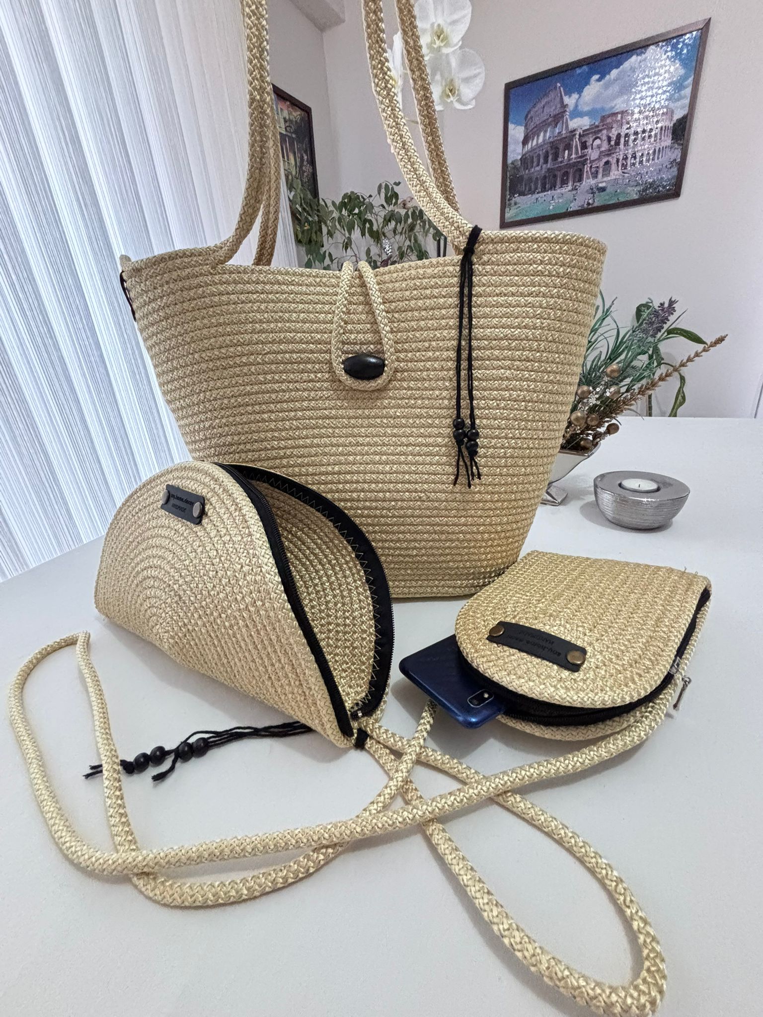 Woven Straw Bag Set, 3 Piece Tote, Clutch & Phone Crossbody Bag
