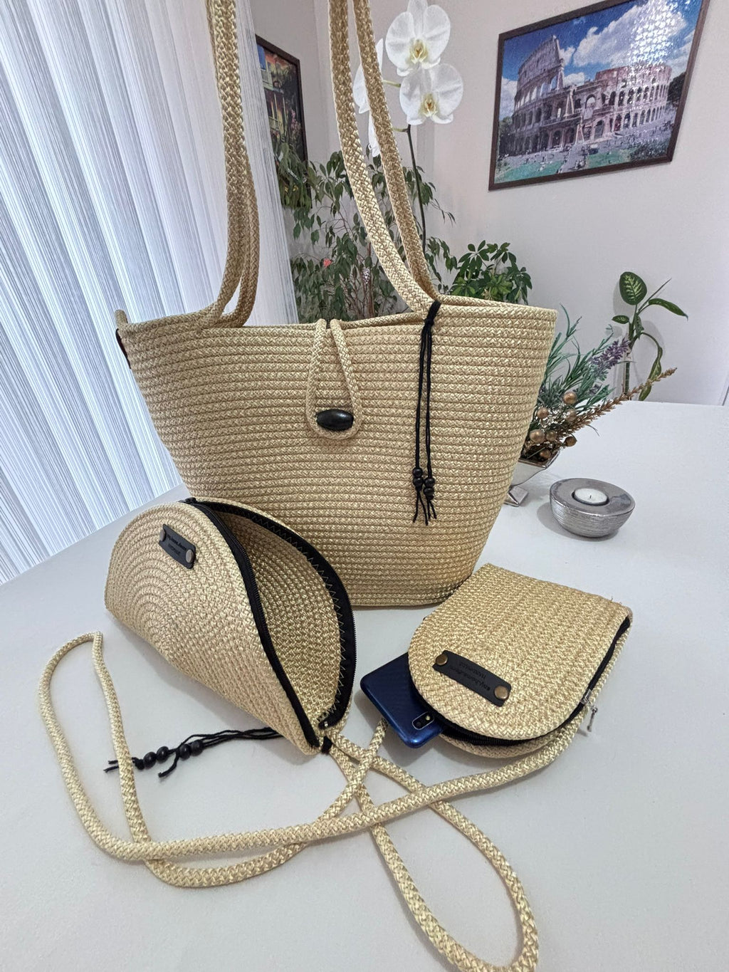 Woven Straw Bag Set, 3 Piece Tote, Clutch & Phone Crossbody Bag