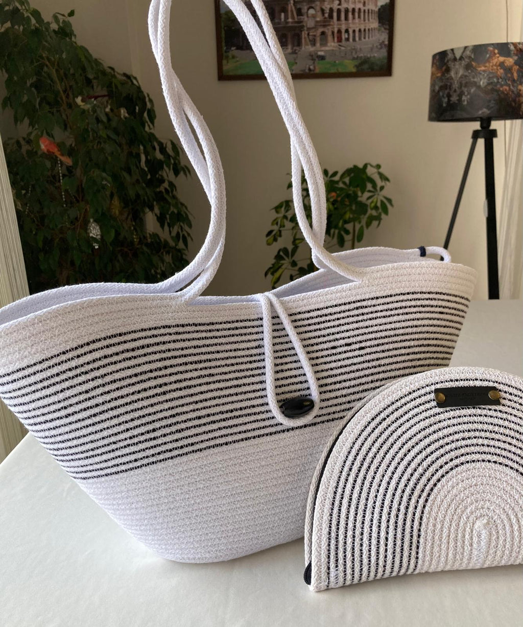Black&White Handwoven Jute Rope Bag: Black & White Summer Beach Tote