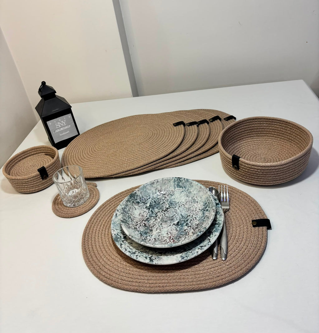 Handmade Woven Oval Placemats , Basket, Coaster Set: Boho Table Decor