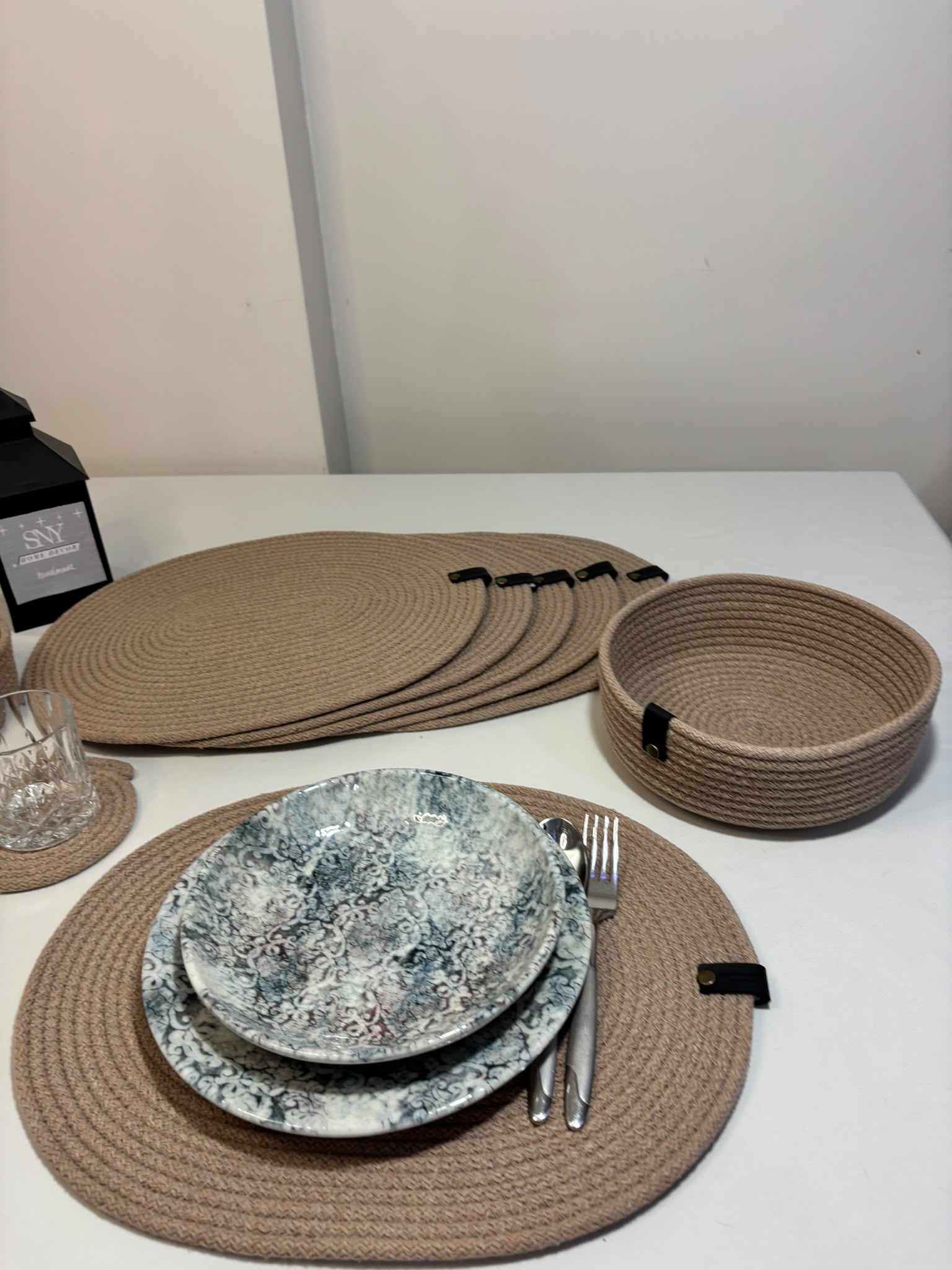 Handmade Woven Oval Placemats , Basket, Coaster Set: Boho Table Decor