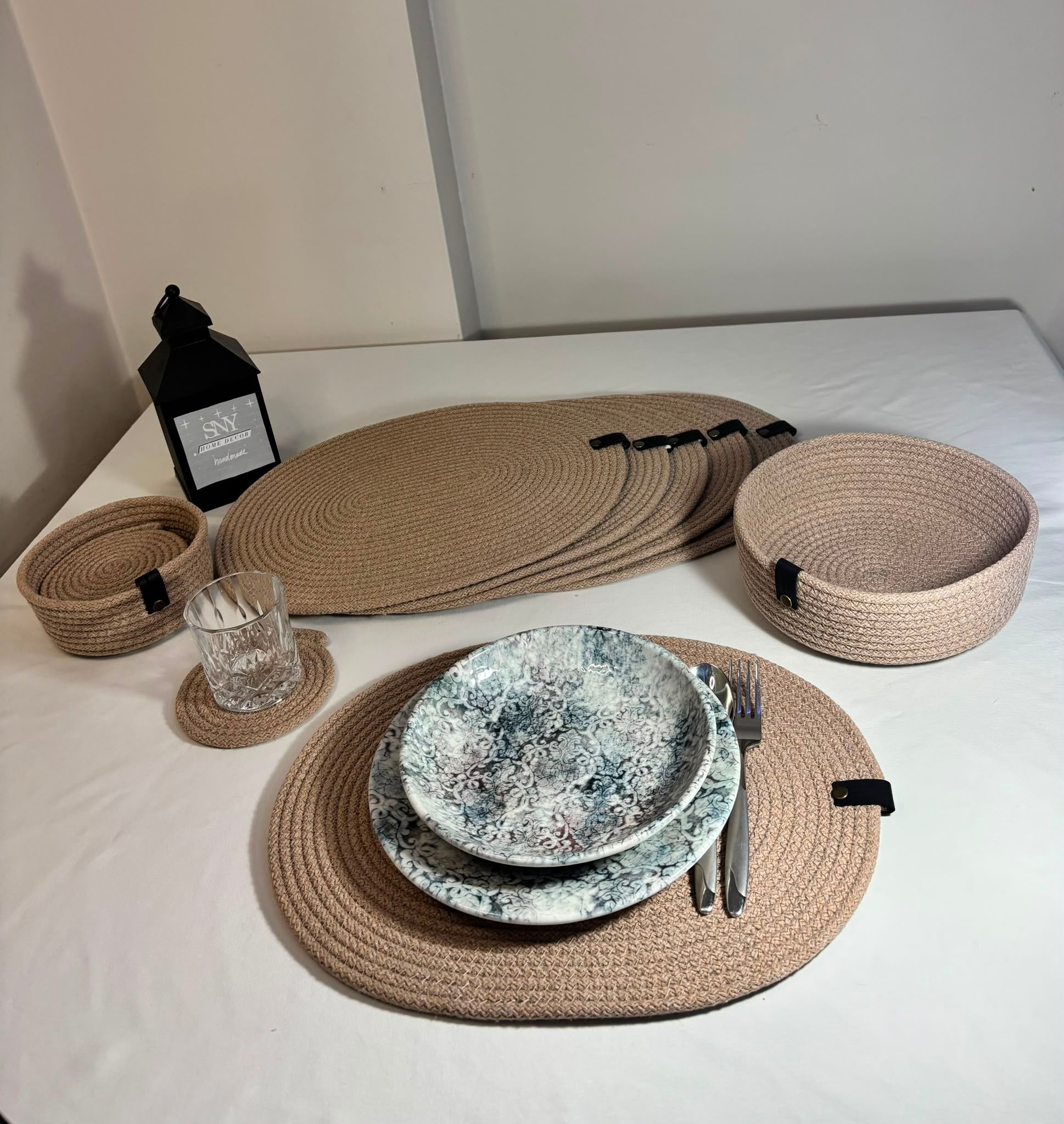Handmade Woven Oval Placemats , Basket, Coaster Set: Boho Table Decor