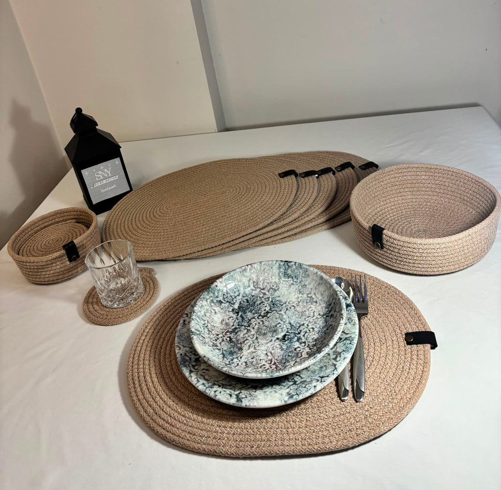 Handmade Woven Oval Placemats , Basket, Coaster Set: Boho Table Decor