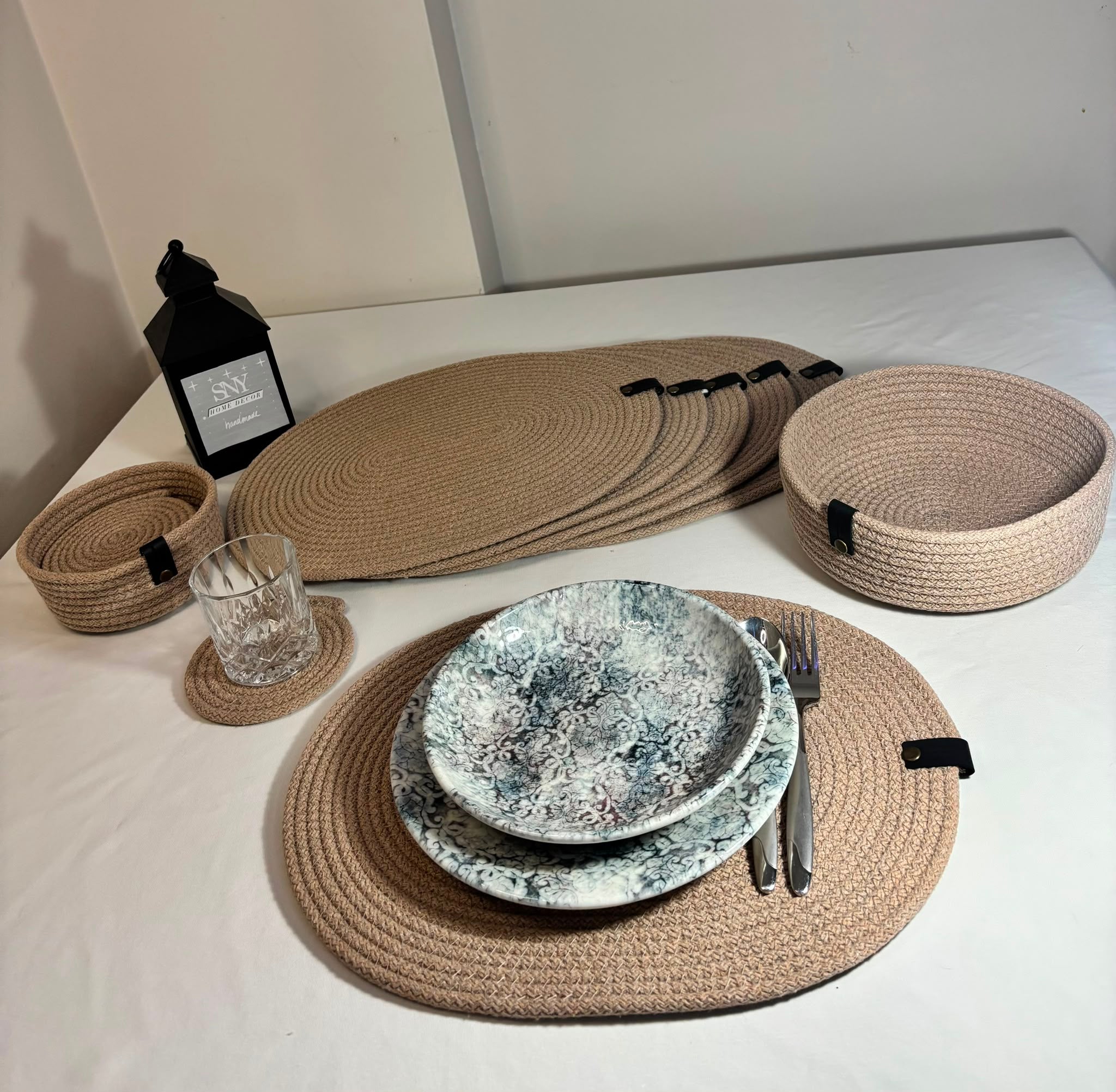 Handmade Woven Oval Placemats , Basket, Coaster Set: Boho Table Decor