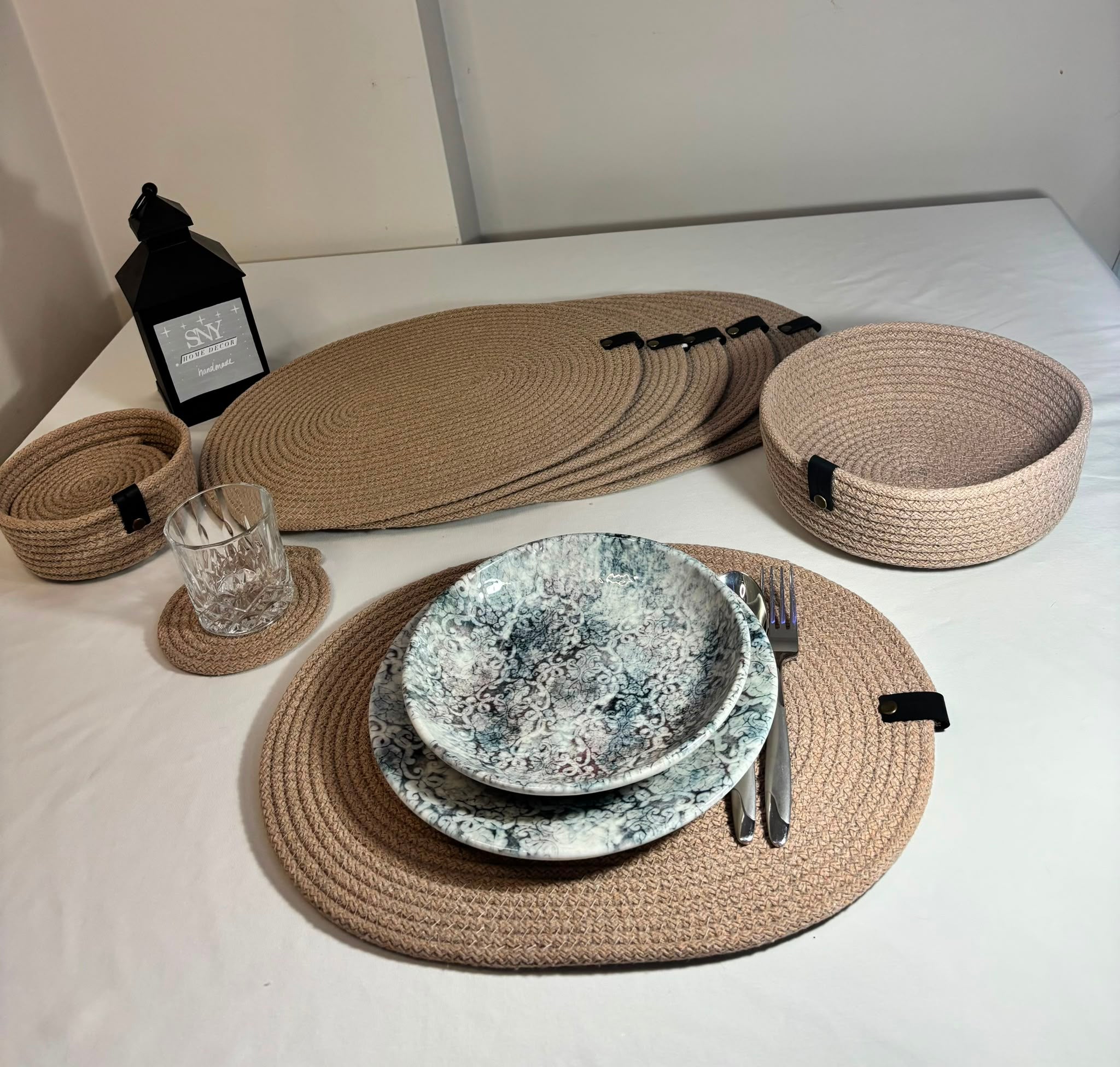 Handmade Woven Oval Placemats , Basket, Coaster Set: Boho Table Decor